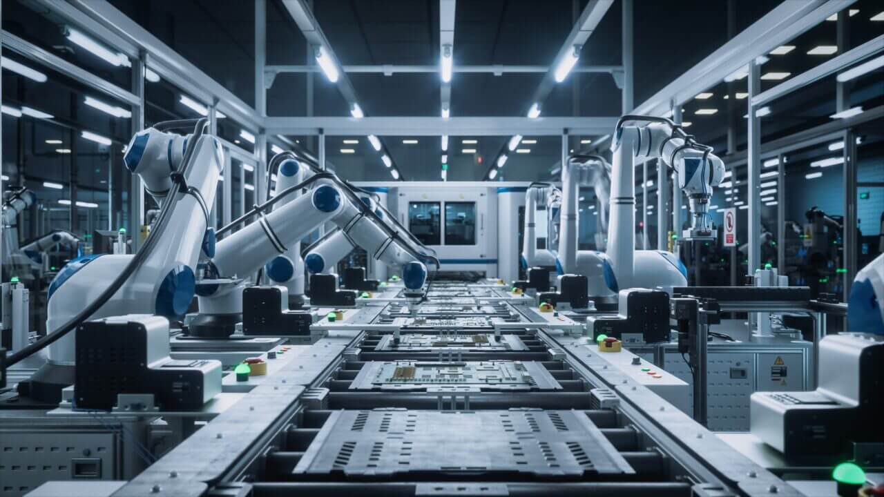 Automated,Robotic,Arms,Assembling,Circuit,Boards,On,A,Conveyor.,Electronics