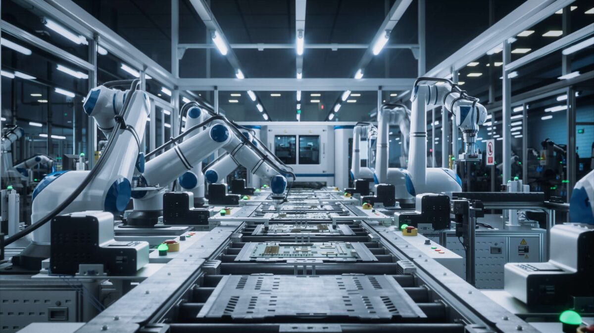 Automated,Robotic,Arms,Assembling,Circuit,Boards,On,A,Conveyor.,Electronics