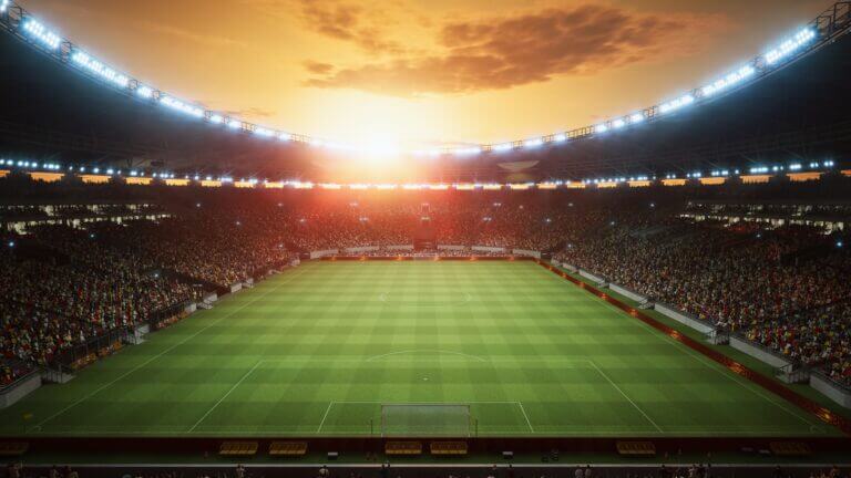 Elevated,Sunset,Look,Of,Soccer,Stadium,During,Major,Match,Event.