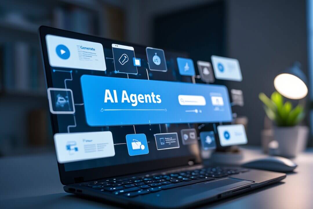 Laptop,Screen,Displays,Ai,Agents,Concept,With,Interconnected,Digital,Icons,