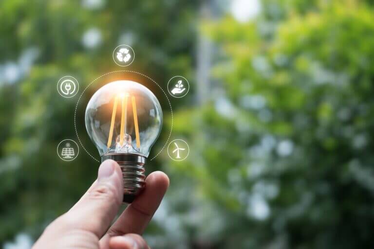 Hand,Holding,Light,Bulb,Against,Nature,On,Green,Background,With
